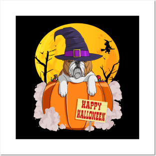 English Bulldog Witch Pumpkin Happy Halloween Posters and Art